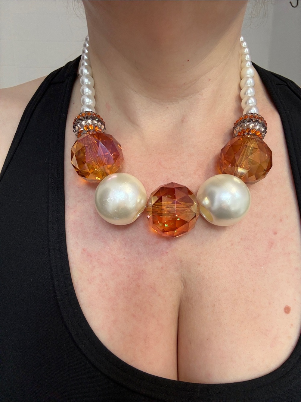 Hand-Crafted Pearl and Amber Crystal Statement Necklace - Women Jewelry